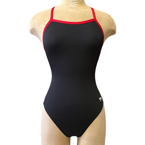 Speedo Swimsuit One Piece Endurance Flyback Black Red 6 32 6/32 - Picture 2 of 5
